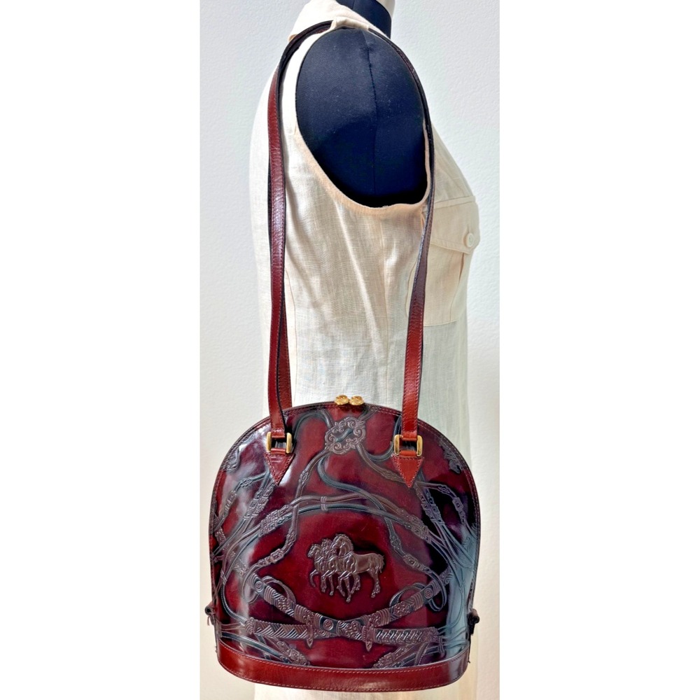 Vtg Bruno Benvenuti Italy Tooled Leather Equestrian Horse Dome Bag Tan Burgundy